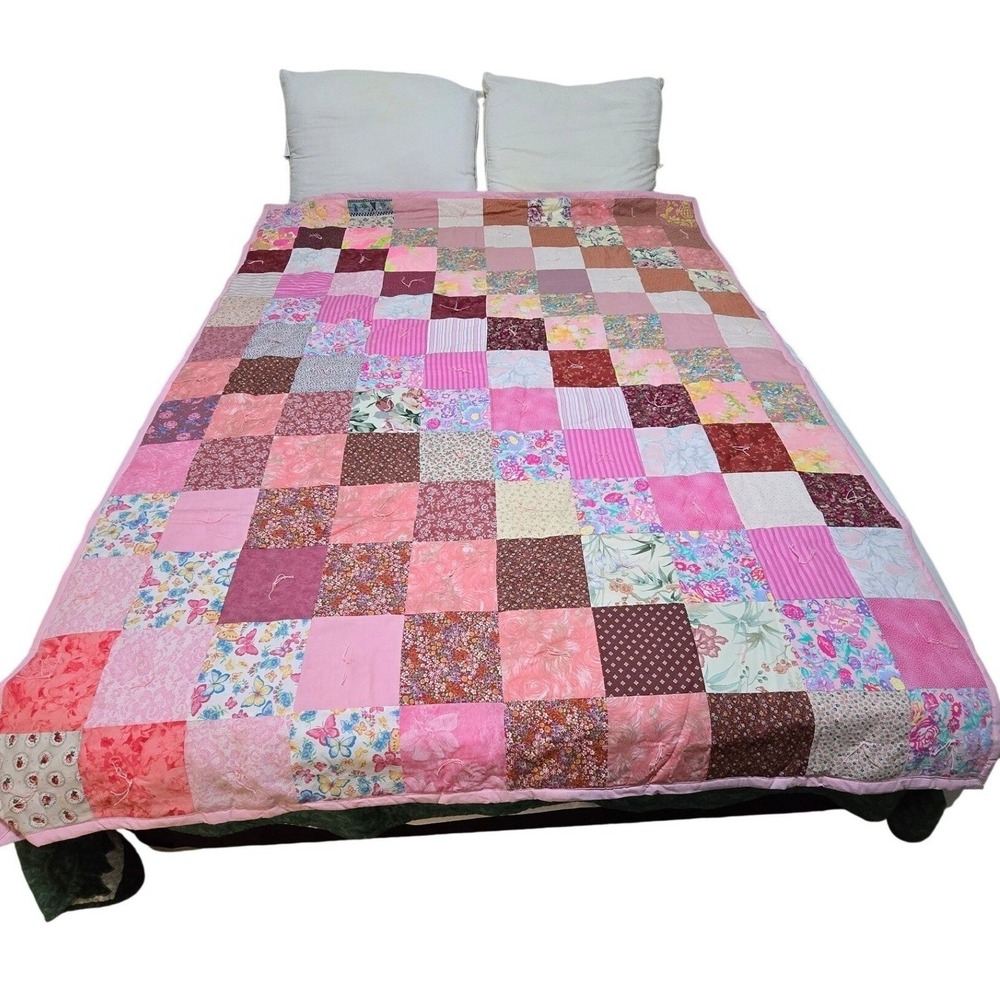 New Handmade Patchwork Quilt Pink Floral Butterflies Queen Bedding Cover /0190‎